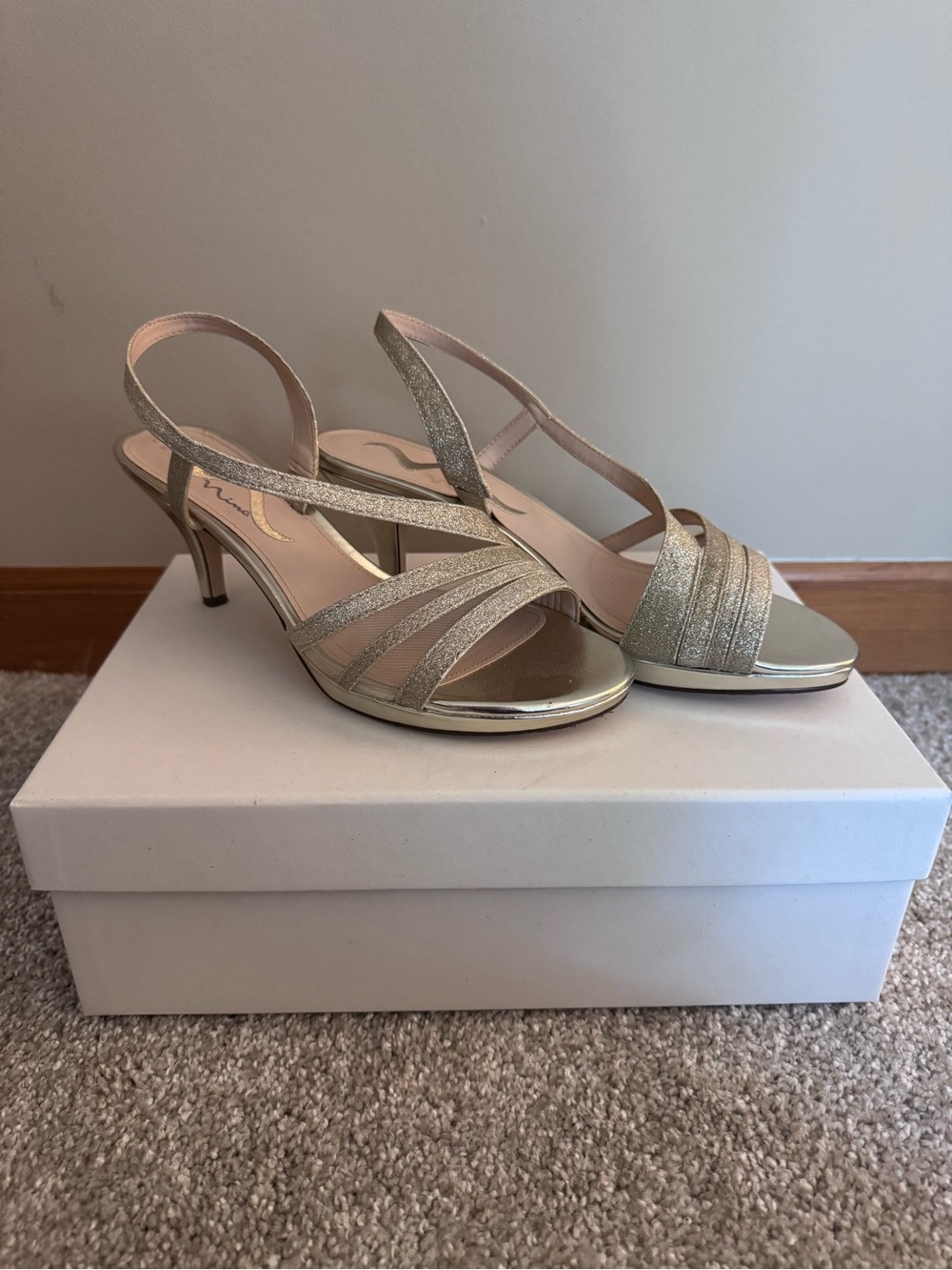 Nina Gold Glitter Strappy Slingback Heels